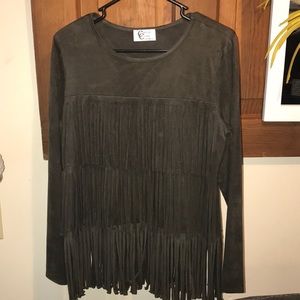 Christian Caliendo dark green tassel blouse.